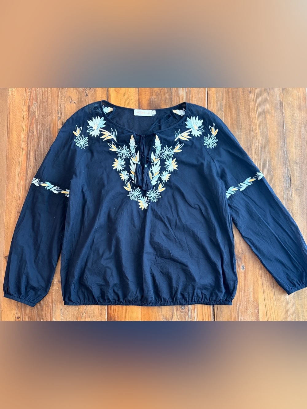 Tory Burch Navy Embroidered Tassel Peasant Top